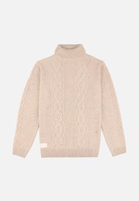Pull col roulé en beige avec un motif en torsades, des poignets et un ourlet côtelés, présentant des éclats subtils et une petite étiquette en bas.