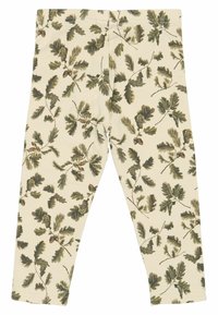 Leggings realizzati in un tessuto morbido ed elasticizzato con uno sfondo di un leggero crema, caratterizzati da un motivo a foglie di quercia verdi e ghiande su tutta la superficie.