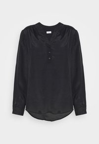 Blusa nera a maniche lunghe realizzata in un tessuto morbido simile alla seta. Presenta un collo a V, quattro bottoni e un orlo arrotondato. Maniche a sbuffo sulle spalle.