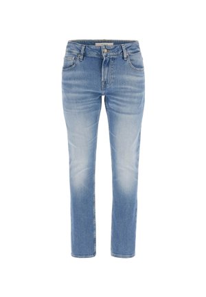 Jeans in denim azzurro chiaro con design a gamba dritta, dotati di vita alta, cinque tasche e leggera scoloritura vicino alle ginocchia.