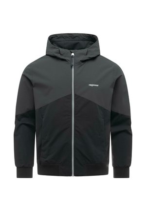 Veste à capuche zippée noire et gris foncé avec poignets et ourlet côtelés, arborant un petit logo "ragwear" sur le côté gauche de la poitrine.