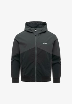 Veste à capuche zippée noire et gris foncé avec poignets et ourlet côtelés, arborant un petit logo "ragwear" sur le côté gauche de la poitrine.
