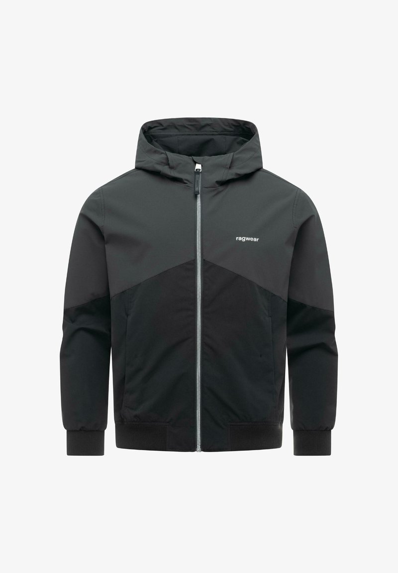 Czarna i ciemnoszara bluza z kapturem zapinana na zamek, z prążkowanymi mankietami i dołem, z małym logo „ragwear” na lewej piersi.