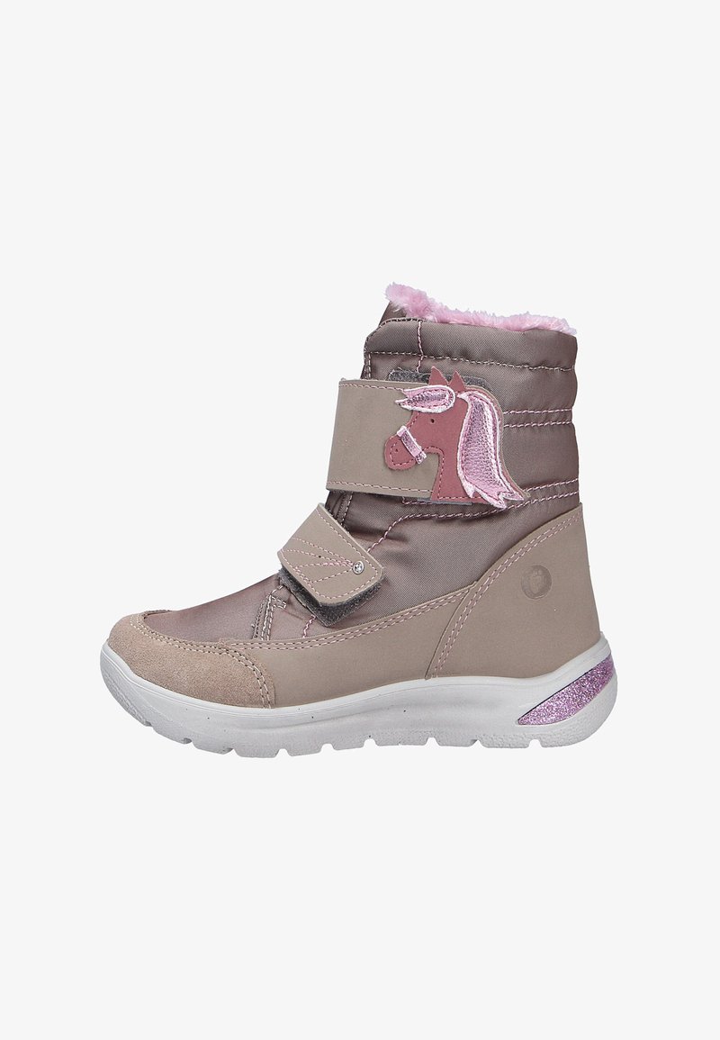 Bottes pour enfants roses et beiges avec un patch de licorne, des bandes Velcro, une doublure douce et un accent scintillant sur la semelle.