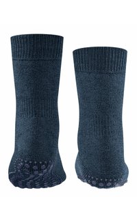 Ciemnoniebieskie skarpetki do kostek z prążkowanym mankietem, z teksturowanymi kropeczkami antypoślizgowymi na podeszwach dla lepszej przyczepności oraz miękkim wykończeniem z dzianiny.