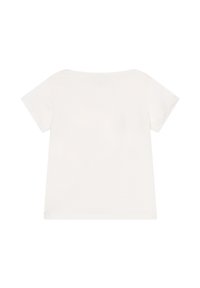 Korte mouwen, t-shirt met ronde hals in off-white katoen. Zachte textuur, relaxte pasvorm en minimalistisch ontwerp zonder zichtbare patronen of accenten.