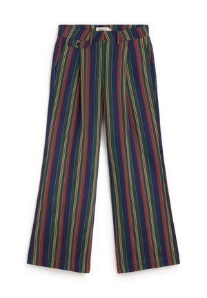 Pantalon à jambes larges avec rayures verticales bleu marine, vert, rouge et beige, doté d’une taille haute et d’un détail patte boutonnée sur le côté.