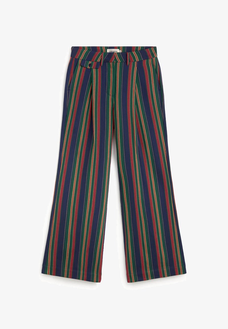 Pantalon à jambes larges avec rayures verticales bleu marine, vert, rouge et beige, doté d’une taille haute et d’un détail patte boutonnée sur le côté.