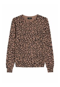 Brązowy sweter w czarne cętki lamparta. Okrągły dekolt, długie rękawy, ściągacze na mankietach i u dołu. Wykonany z miękkiej dzianiny.