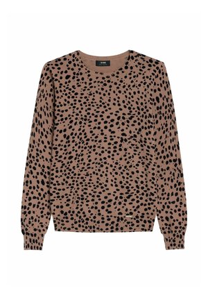 Brązowy sweter w czarne cętki lamparta. Okrągły dekolt, długie rękawy, ściągacze na mankietach i u dołu. Wykonany z miękkiej dzianiny.