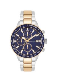 Reloj cronógrafo con una esfera azul marino, pulsera de metal dorado y plateado, escala taquimétrica y tres subesferas. Pantalla de fecha marcada.