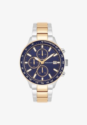 Chronograph watch with a navy blue dial, gold and silver metal bracelet, tachymeter scale, and three sub-dials. Marked date display.