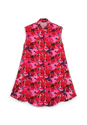 Canotta con stampa floreale vivace, caratterizzata da colori rossi, rosa e neri. Chiusura frontale con bottoni e orlo curvo. Realizzata in tessuto leggero.