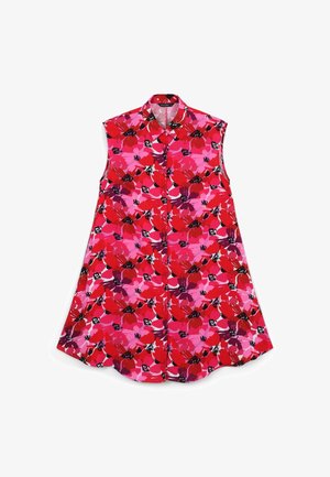 Canotta con stampa floreale vivace, caratterizzata da colori rossi, rosa e neri. Chiusura frontale con bottoni e orlo curvo. Realizzata in tessuto leggero.