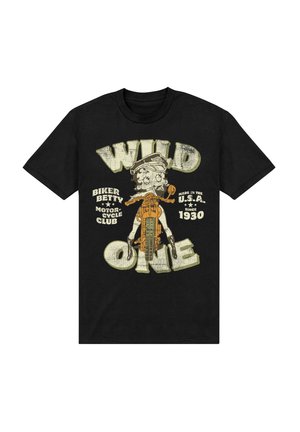 Czarny bawełniany t-shirt z vintage'ową ilustracją motocyklisty i pomarańczowego motocykla. Napis brzmi "WILD ONE" oraz "Biker Betty Motorcycle Club."
