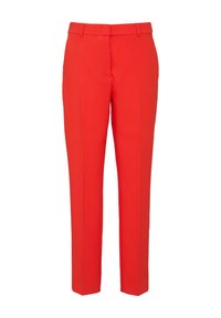 Red tailored pants with a slim fit, constructed from smooth fabric. Features flat front, belt loops, and straight legs. No visible embellishments.