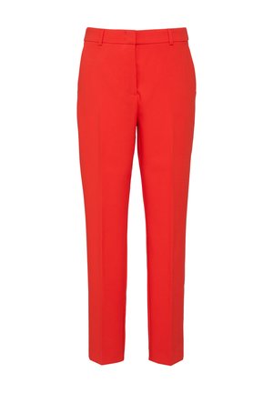 Red tailored pants with a slim fit, constructed from smooth fabric. Features flat front, belt loops, and straight legs. No visible embellishments.