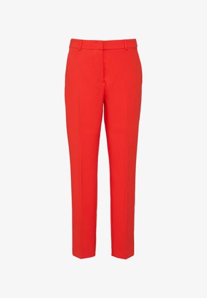 Red tailored pants with a slim fit, constructed from smooth fabric. Features flat front, belt loops, and straight legs. No visible embellishments.