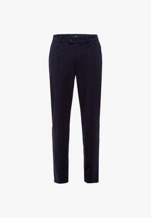 Marineblå slim-fit bukser lavet af glat stof, med flad front, bæltestropper og en enkelt knaplukning.