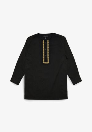 Czarna bluza z długim rękawem i okrągłym dekoltem, z złotymi haftowanymi akcentami, listwą guzikową oraz teksturowanym materiałem.