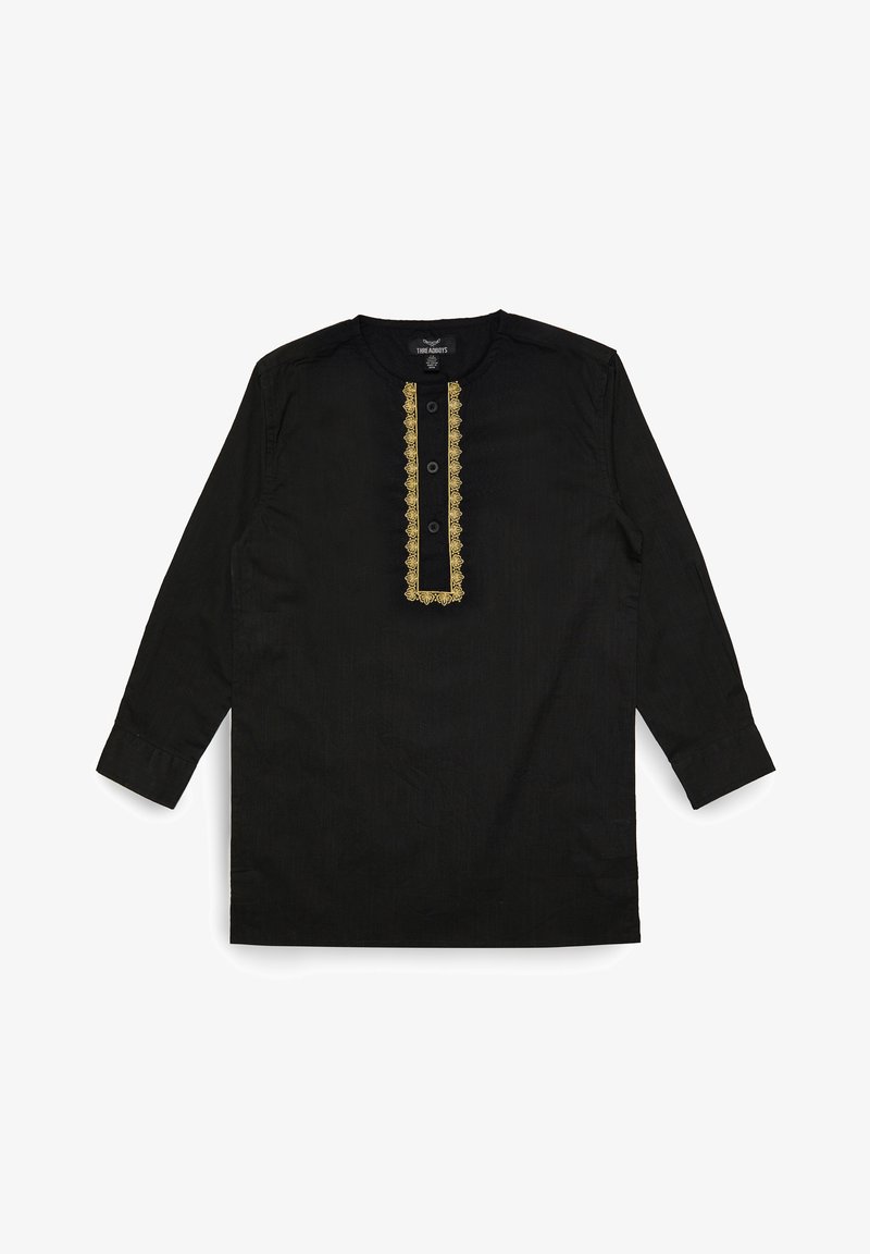 Maglietta nera a maniche lunghe con scollo rotondo, con dettagli ricamati in oro, patta con bottoni e tessuto strutturato.