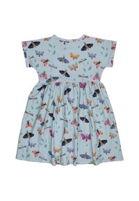Helles blaues Kleid mit einem Muster aus Schmetterlingen und Libellen. Kurze Ärmel, geraffter Rock, aus weichem, dehnbarem Stoff.