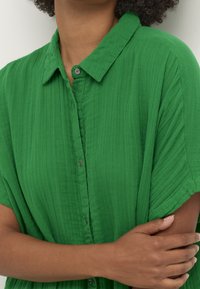 Persona che indossa una camicia verde a maniche corte con bottoni, con le braccia incrociate e i capelli ricci visibili nella parte superiore.