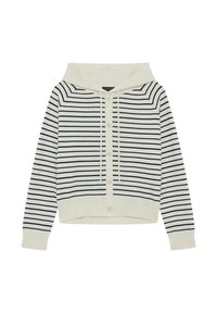 Felpa crema con strisce blu navy, maniche a lunghezza piena, chiusura frontale con bottoni e cordini. Presenta orlo e polsini a costine.