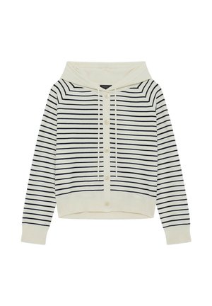 Felpa crema con strisce blu navy, maniche a lunghezza piena, chiusura frontale con bottoni e cordini. Presenta orlo e polsini a costine.