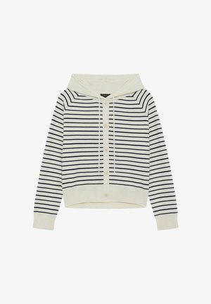 Kremowa bluza z kapturem z granatowymi paskami, z długimi rękawami, z przodu na guziki i z troczkami. Posiada ściągacze u dołu i przy rękawach.