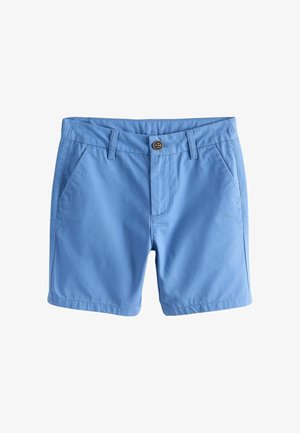 Șorturi bleu deschis din material ușor, cu față plată, buzunare laterale și închidere cu un singur nasture în talie.
