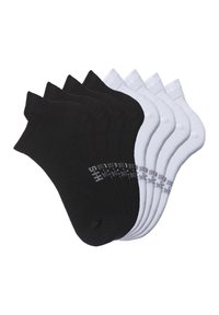 Set of six ankle socks, three black and three white, made from a smooth, stretchy material with ribbed cuffs and printed brand detail.