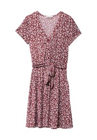 Robe florale rouge à manches courtes, décolleté en V et taille nouée. Présente un motif de fleurs blanches et un design de jupe évasée.