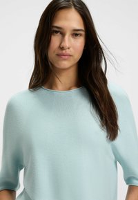 Maglietta azzurra chiara in maglia con scollatura rotonda e maniche corte, caratterizzata da un tessuto liscio e una vestibilità comoda. Dettagli di cucitura chiara.