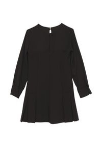 Abito nero con maniche lunghe, design plissettato, scollatura rotonda, chiusura con zip sul retro e polsini con bottone. Realizzato in tessuto morbido.