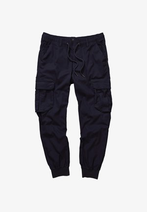 Marineblauwe cargobroek met een elastische tailleband, trekkoord en meerdere zijzakken. Tapered boorden met een zachte textuur.