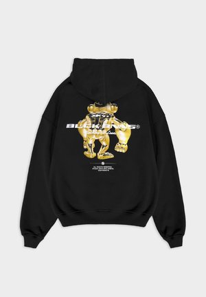 Zwarte hoodie met een grafisch ontwerp van gouden figuren op de achterkant. Inclusief de tekst "BLACK BNNRS®" en "nothing to lose." Zacht materiaal.