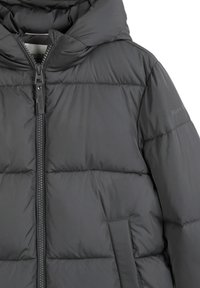 Gray puffer jacket with a high collar, zip closure, and stitched detailing. Features flat pockets and subtle branding on the sleeve.