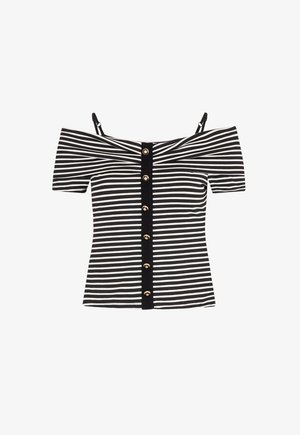 Musta-valkoinen raidallinen olkaimeton yläosa lyhyillä hihoilla, joissa on kultakuvioisia nappeja edessä ja säädettävät hihnat.