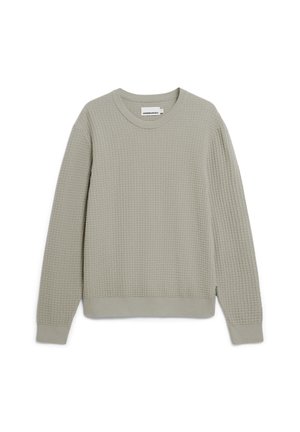 Lichtgrijze wafelbrei trui met lange mouwen, ronde hals en geribde manchetten en zoom. Heeft een subtiele textuur overal.