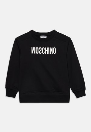 Sudadera negra de manga larga con cuello redondo y logo MOSCHINO invertido en blanco sobre el pecho.