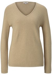 Beige V-Ausschnitt-Pullover mit langen Ärmeln, aus einem strukturierten Stoff mit diagonalen Rippmustern. Einfaches Design, ohne auffällige Akzente.
