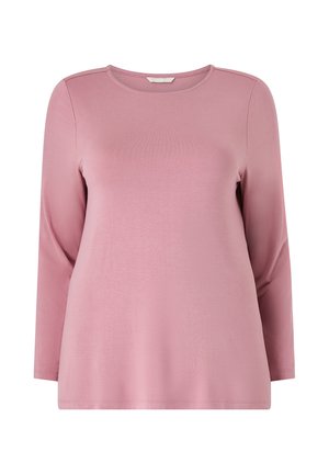 Halenka s dlouhým rukávem v měkké růžové látce, s kulatým výstřihem, hladkým povrchem a rovnými lemy. Má jednoduchý design a žádné viditelné ozdoby.