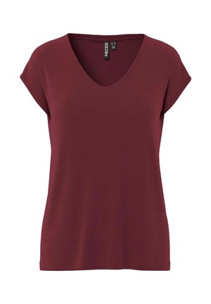 Burgundijas krāsas īsām piedurknēm T-krekls ar plašu V-veida kakla izgriezumu un brīvu piegriezumu, izgatavots no mīksta auduma ar gludu tekstūru un bez redzamām rakstu detaļām.