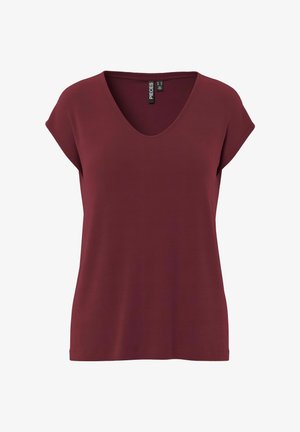Burgundijas krāsas īsām piedurknēm T-krekls ar plašu V-veida kakla izgriezumu un brīvu piegriezumu, izgatavots no mīksta auduma ar gludu tekstūru un bez redzamām rakstu detaļām.