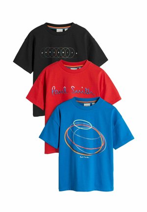 Three short-sleeve T-shirts in black, red, and blue with colorful Paul Smith logos and circular graphic designs on the front.