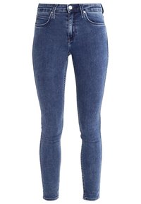 Mörkblå skinny jeans i denim, med en klassisk femficksdesign, framknäppning och subtila blekningar på låren.