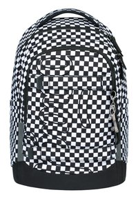 Batoh s kostkovaným vzorem v černobílé barvě, s designem smyčkového lana, černým základem, více přihrádkami a bočním zipem.