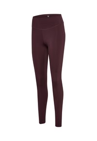 Bordeauxfarvede leggings lavet af strækbart stof med høj talje og glat tekstur. Lukkede kanter uden synlige mønstre eller detaljer.