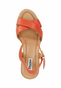 Orange leather sandal with crisscross straps, a buckle closure, and a natural beige footbed. Features a jute-wrapped sole.